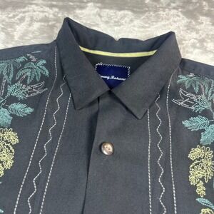 Tommy Bahama Men's L Large Mens Button Up Shirt Black Silk Embroidered Tropical
